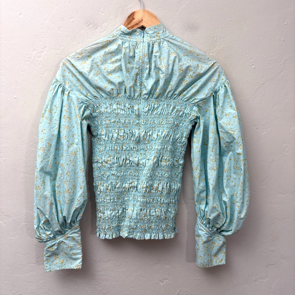 Ganni Smocked Floral Top Shirt Size 38 (US 6) Light Blue Long Sleeve Cotton Flaw - Picture 6 of 14